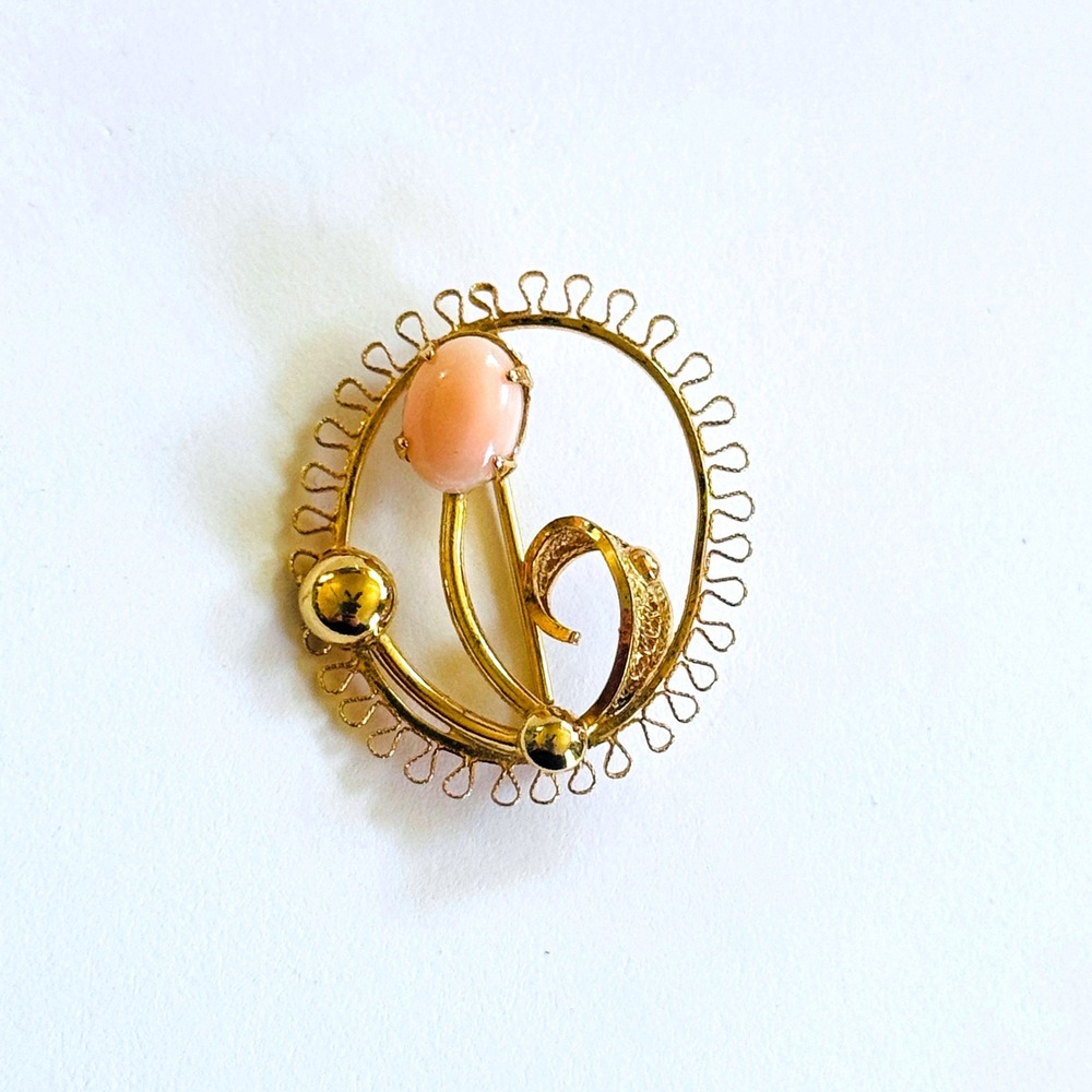 Krementz VTG Coral Cabochon Signed Pin Brooch Genuine 12k Gold filled Rare Round